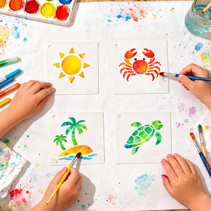80 Pcs 3 Inch Summer Stencils for Painting, Reusable Beach Ocean Stencils for Wood, Wall, Canvas & Cards, Tropical DIY Crafts Decor