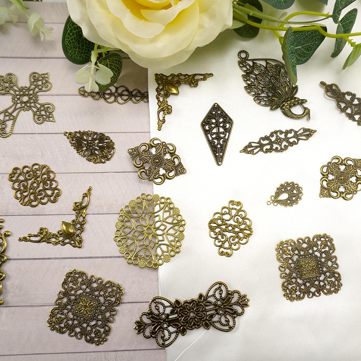 Mililanyo 120 Pieces Antique Bronze Filigree Charms Mixed Tibetan Metal Pendant Links Iron On for Jewelry Making Choker Earring DIY Accessories