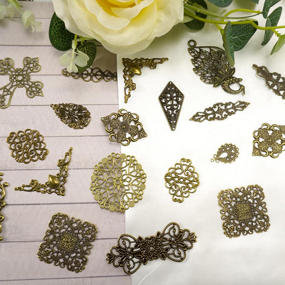 Mililanyo 120 Pieces Antique Bronze Filigree Charms Mixed Tibetan Metal Pendant Links Iron On for Jewelry Making Choker Earring DIY Accessories