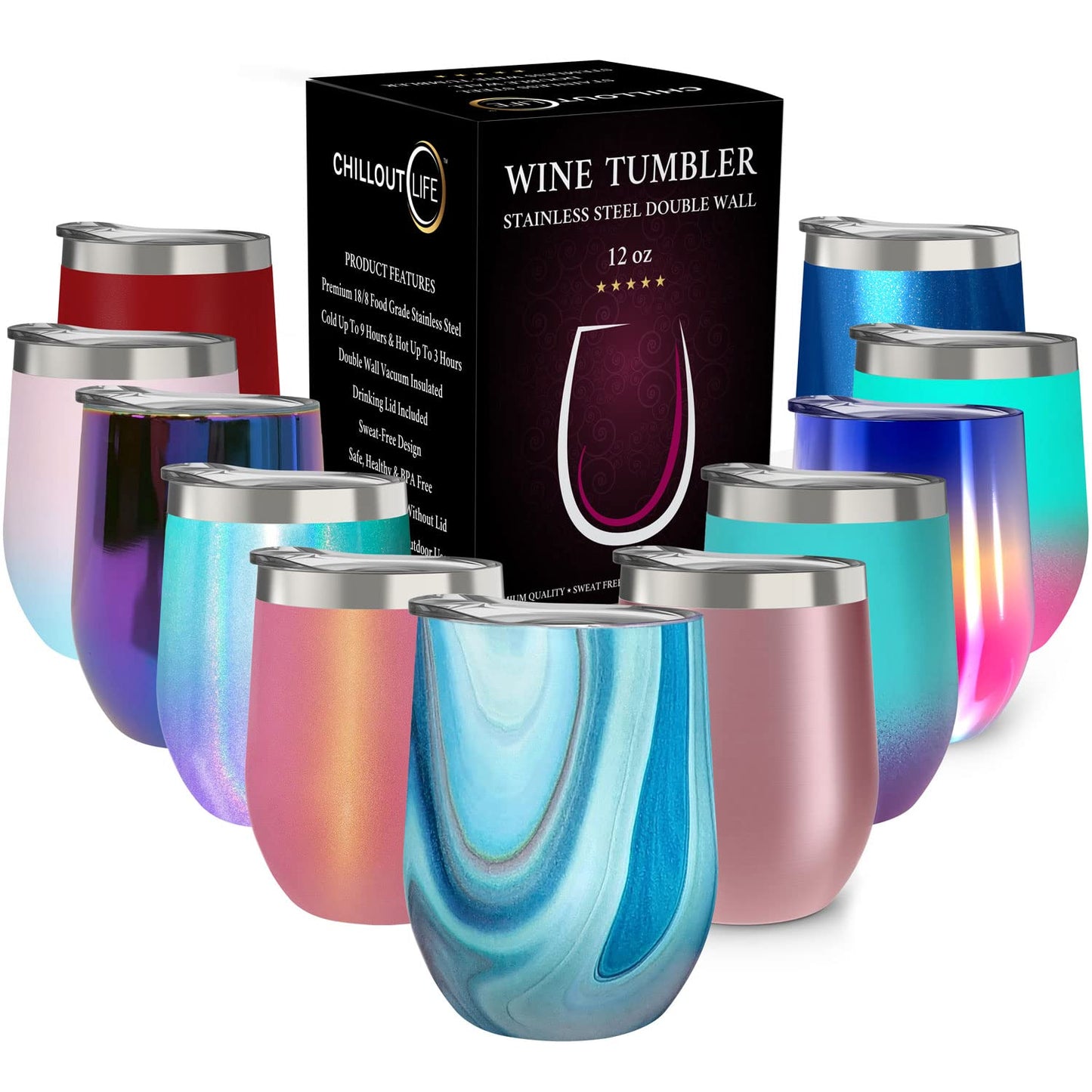 CHILLOUT LIFE 12 oz Stainless Steel Tumbler with Lid - Wine Tumbler Double Wall Vacuum Insulated Travel Tumbler Cup for Coffee, Wine, Cocktails, Ice Cream