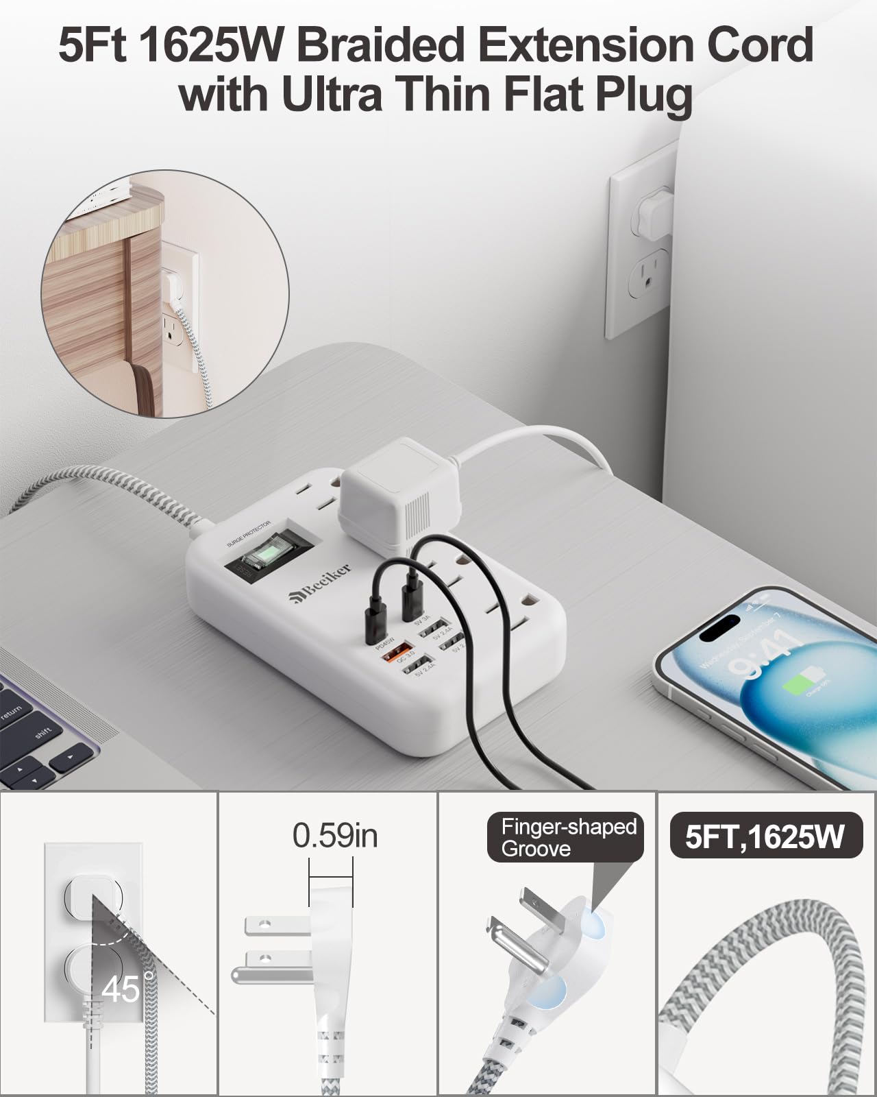 6 USB(2 USB C) Purple Travel Power Strip- 5Ft Lavender Extension Cord with 24W USB Charging Station and 4 Outlets, Purple Desk Accessories with Surge Protector for Cute Kawaii Office Dorm Room