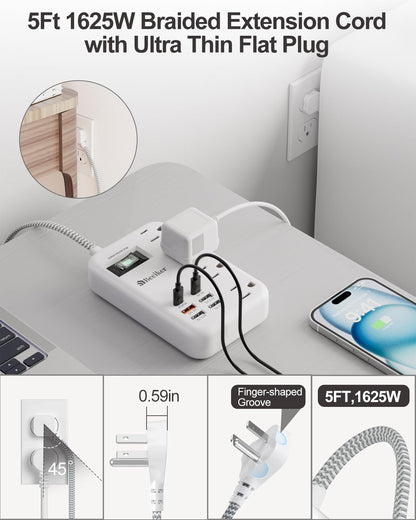 6 USB(2 USB C) Purple Travel Power Strip- 5Ft Lavender Extension Cord with 24W USB Charging Station and 4 Outlets, Purple Desk Accessories with Surge Protector for Cute Kawaii Office Dorm Room