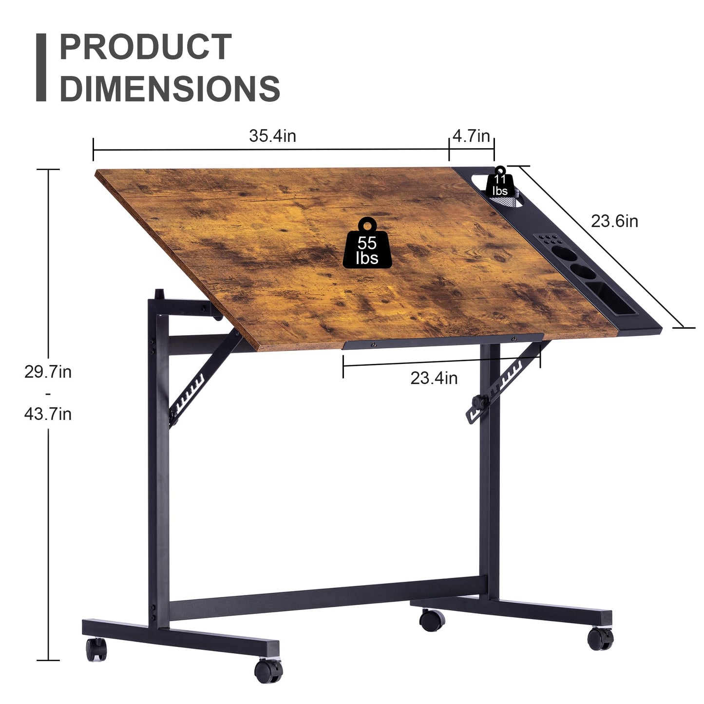 VECELO Vintage Drawing Drafting Table, Adjustable Tilting Top Art Desk Craft Work Station with Pencil Ledge, Lockable Slide Rolling Wheels for Painting Diamond Reading Writing Study, Rustic Brown
