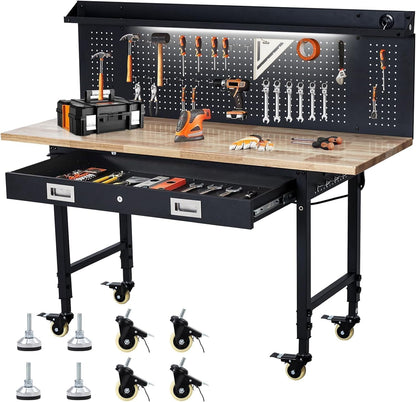 Adjustable Workbench for Garage, 48" Heavy Duty Rolling Work Bench with Power Outlet & Storage Drawer, 2000 LBS Capacity Solid Wood Top Shop Table for Workshop Home Office