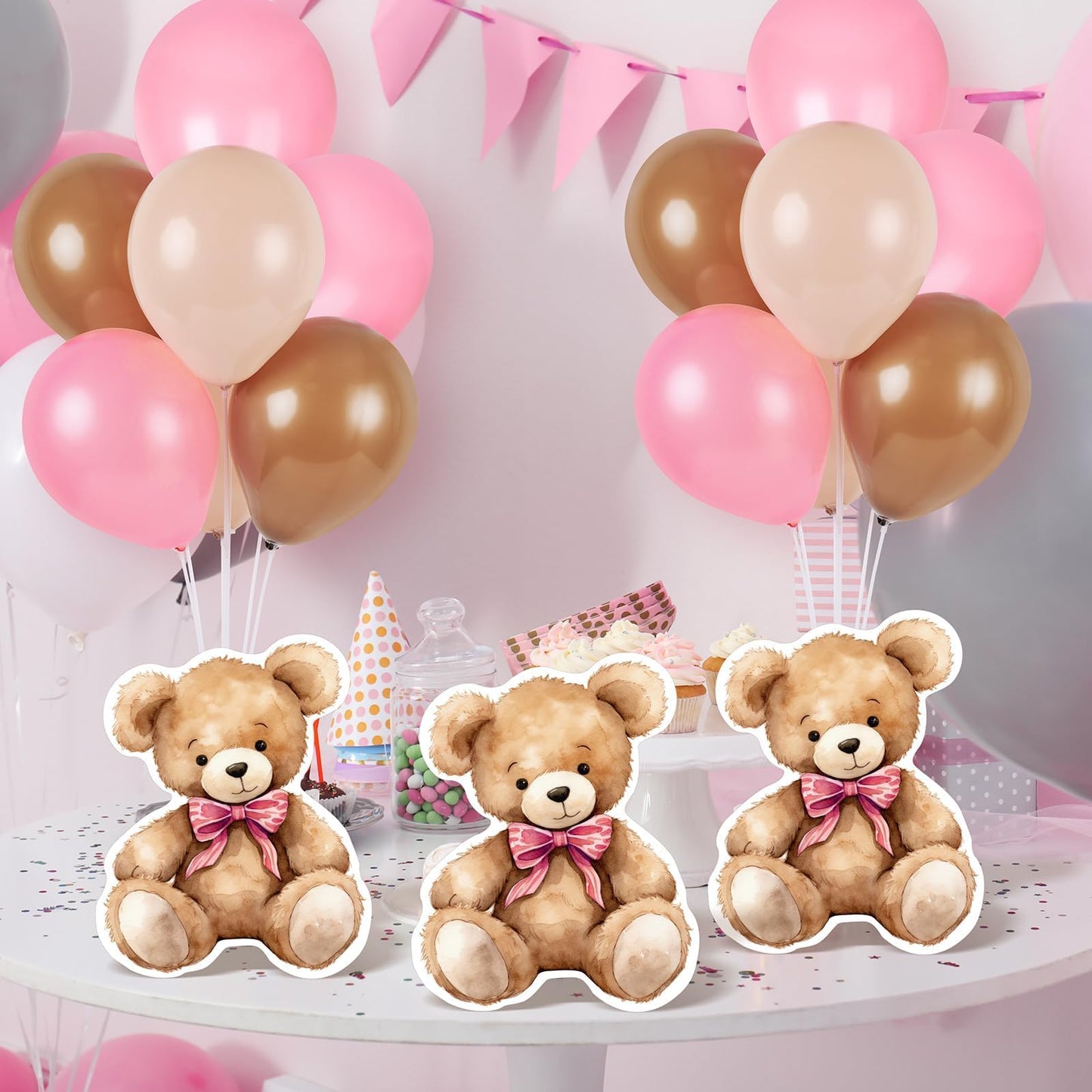 6 Sets Bear Baby Shower Balloon Stand Kit for Table Girl Baby Shower with Balloon Ornament for Pink Bear Theme Gender Reveal Birthday Party Table Decoration Supplies