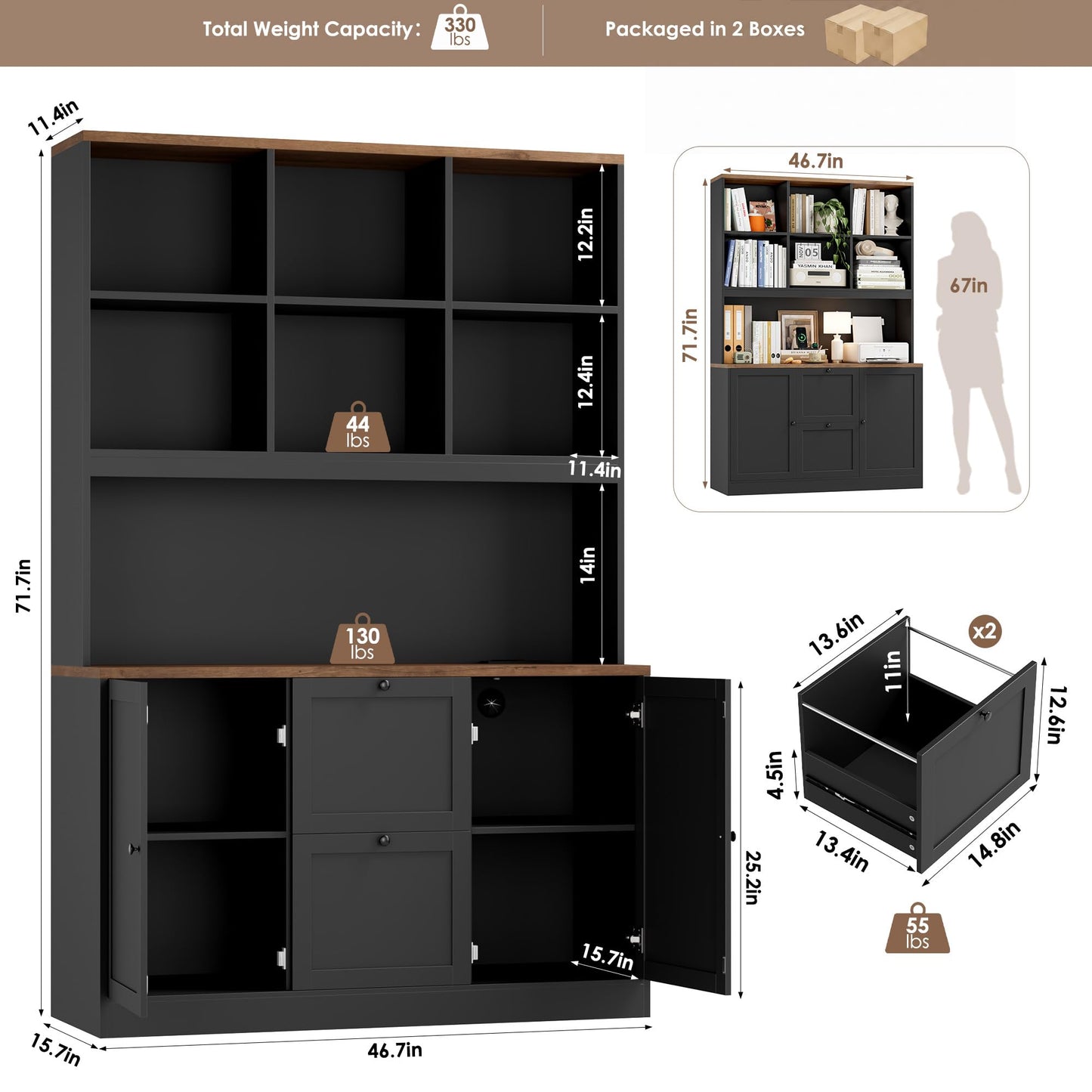 HIFIT 72'' Tall File Bookcase with Power Outlet & Printer Stand, 2 Drawer Filing Cabinets for Home Office Fit Hanging A4 File, Storage Cabinet w/ 3 Tier Open Book Shelf & Doors for Living Room, Black
