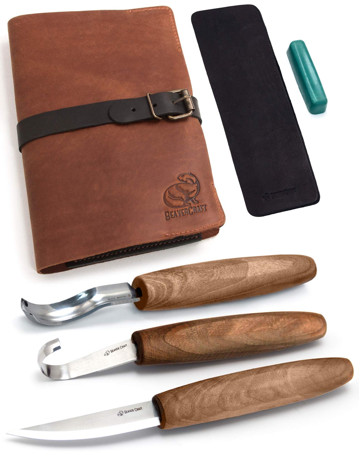 BeaverCraft Wood Spoon Carving Tools Kit S14x Deluxe - Whittling Tools Set Includes Sloyd Wood Carving Knife, Hook Knife, Gouge, Leather Roll-Up Case & Leather strop with Polishing Compound