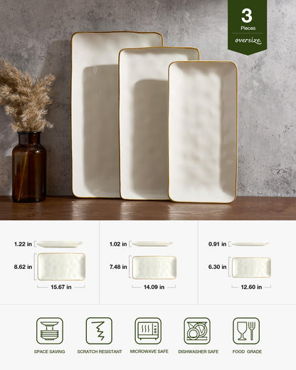 Famiware Serving Platter, Rectangular 15.67/14.1/12.6inch Serving Dishes for Entertaining, Microwave Dishwasher Safe, Stoneware Serving Trays for Party, Turkey, Cheese, Ocean Series, Vanilla White
