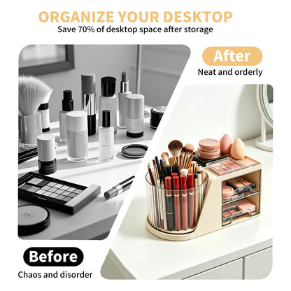 KDYNIX 360 Rotating Makeup Organizer with 2 Drawers, Spinning Cosmetic Brush Holder & Pen Cup, Multi-Purpose Desktop Storage for Bathroom Vanity, Art Supplies, Skincare, Office Desk