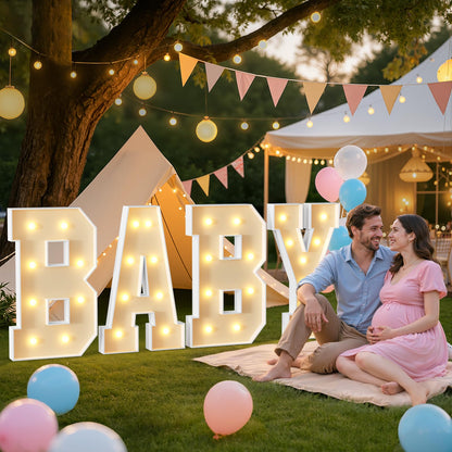 3FT Baby Marquee Letters, Large Light Up BABY Sign for Backdrop Baby Shower Decorations, 3 Feet Tall Big Light Up Letters for Girl Boy Gender Reveal Party Decor, Pre-Cut Foam Board Kit, 4 Pcs