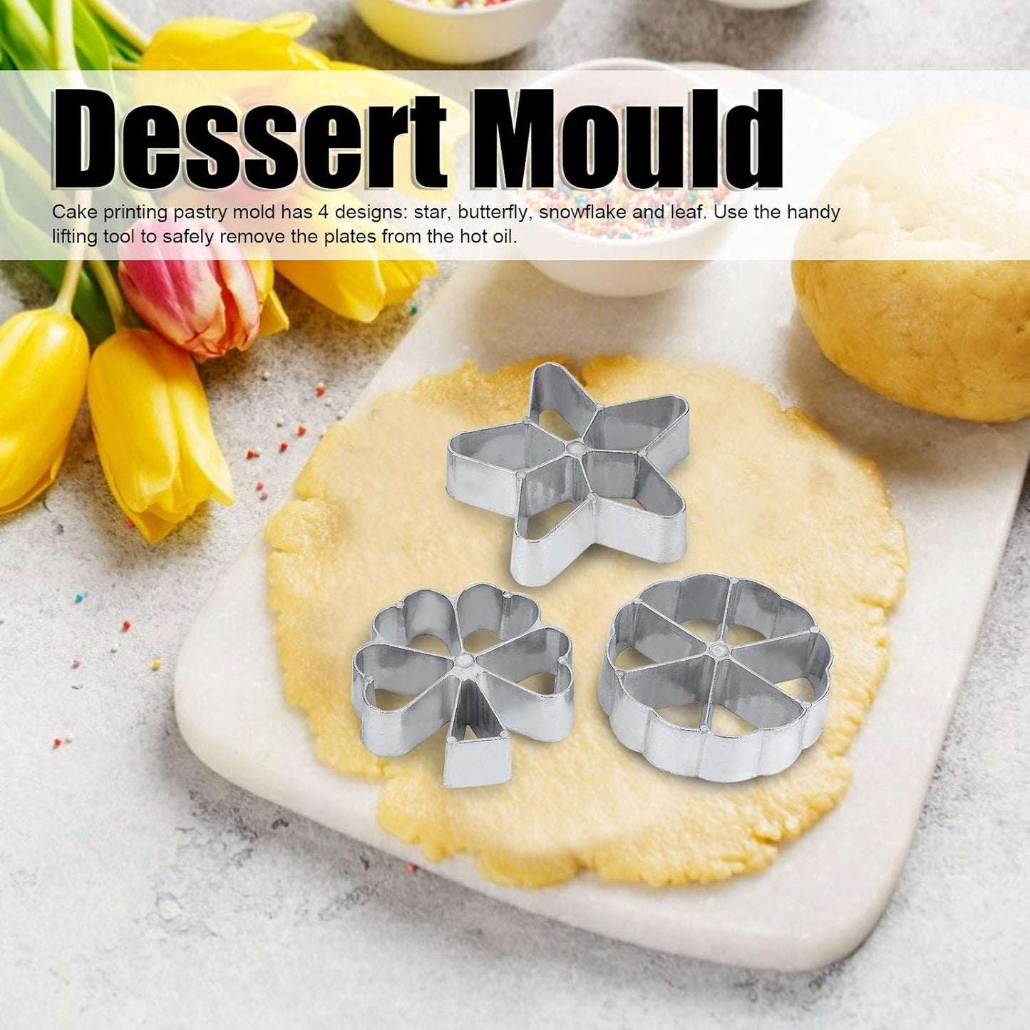 Rosette Iron Set with Handle, 4 Shapes Cake Printing Pastry Waffle Molds, Cookie Pastry Mold for Biscuit Lovers
