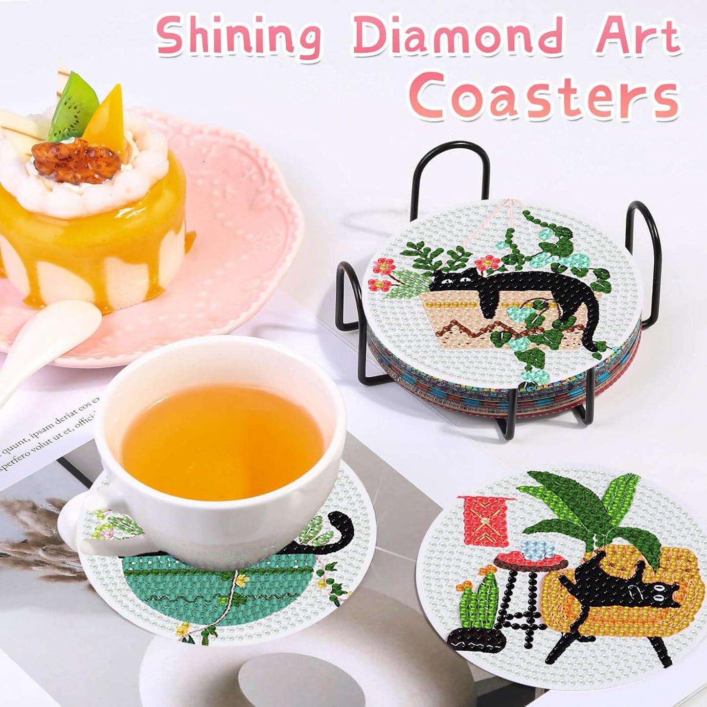 8 PCS Diamond Art Coasters Kits Black Cat Diamond Painting Coaster Kits Diamond Coasters with Holder Cork Pads Gem Art Dots Paintings Crafts Supplies for Adults Beginners