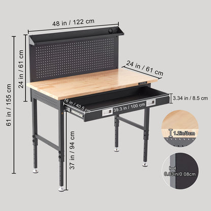 VEVOR Workbench Adjustable Height 28-39.5'' Work Bench for Garage Oak Plank & Carbon Steel Heavy Duty Workbench 2000lbs Weight Capacity top Size 48x24 Hardwood Workbench 3m Cable 30 Hooks, Black