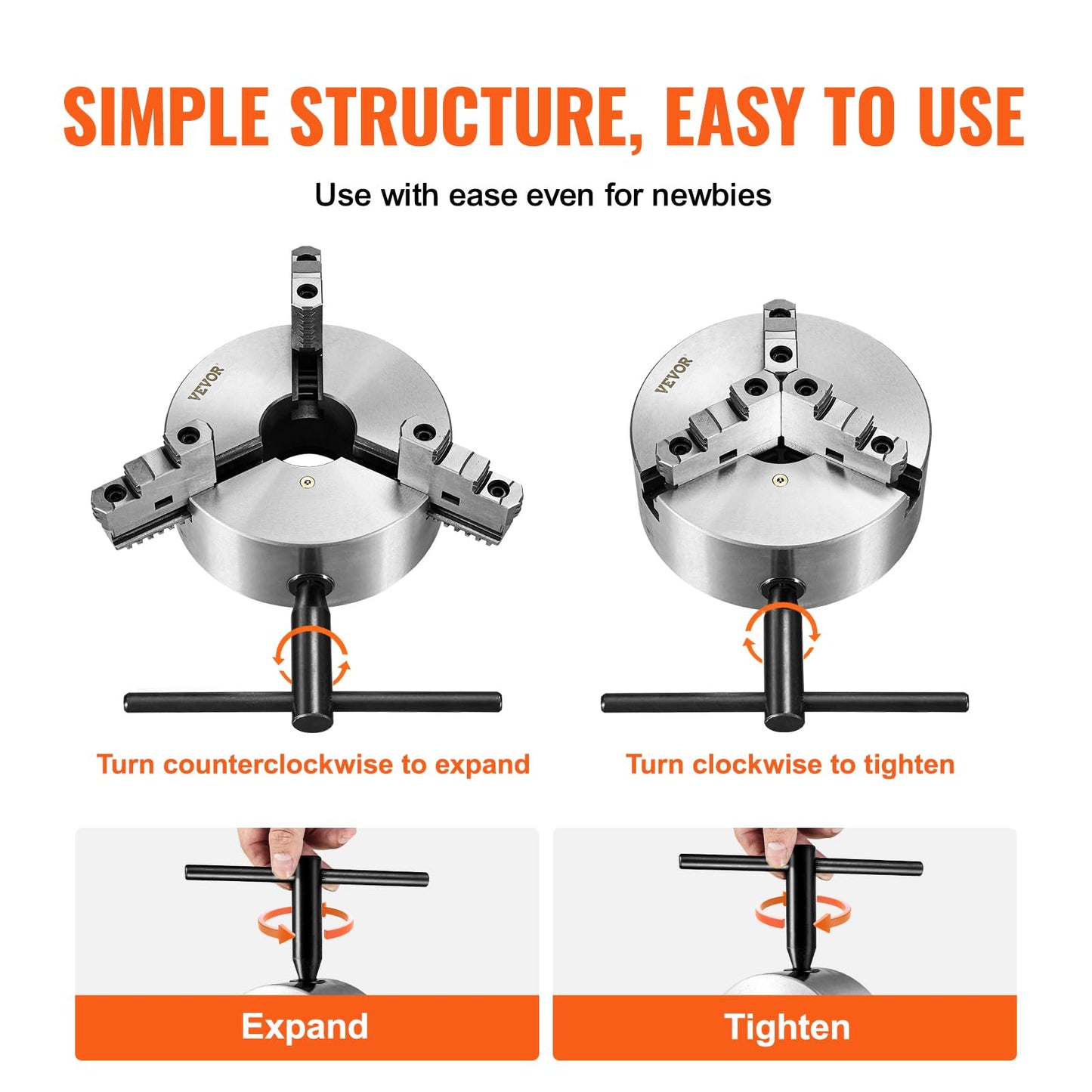 VEVOR 3-Jaw Lathe Chuck, 8'', Self-Centering Lathe Chuck, 0.16-8 in/4-200 mm Clamping Range with T-key Fixing Screws Hexagon Wrench, for Lathe 3D Printer Machining Center Milling Drilling Machine