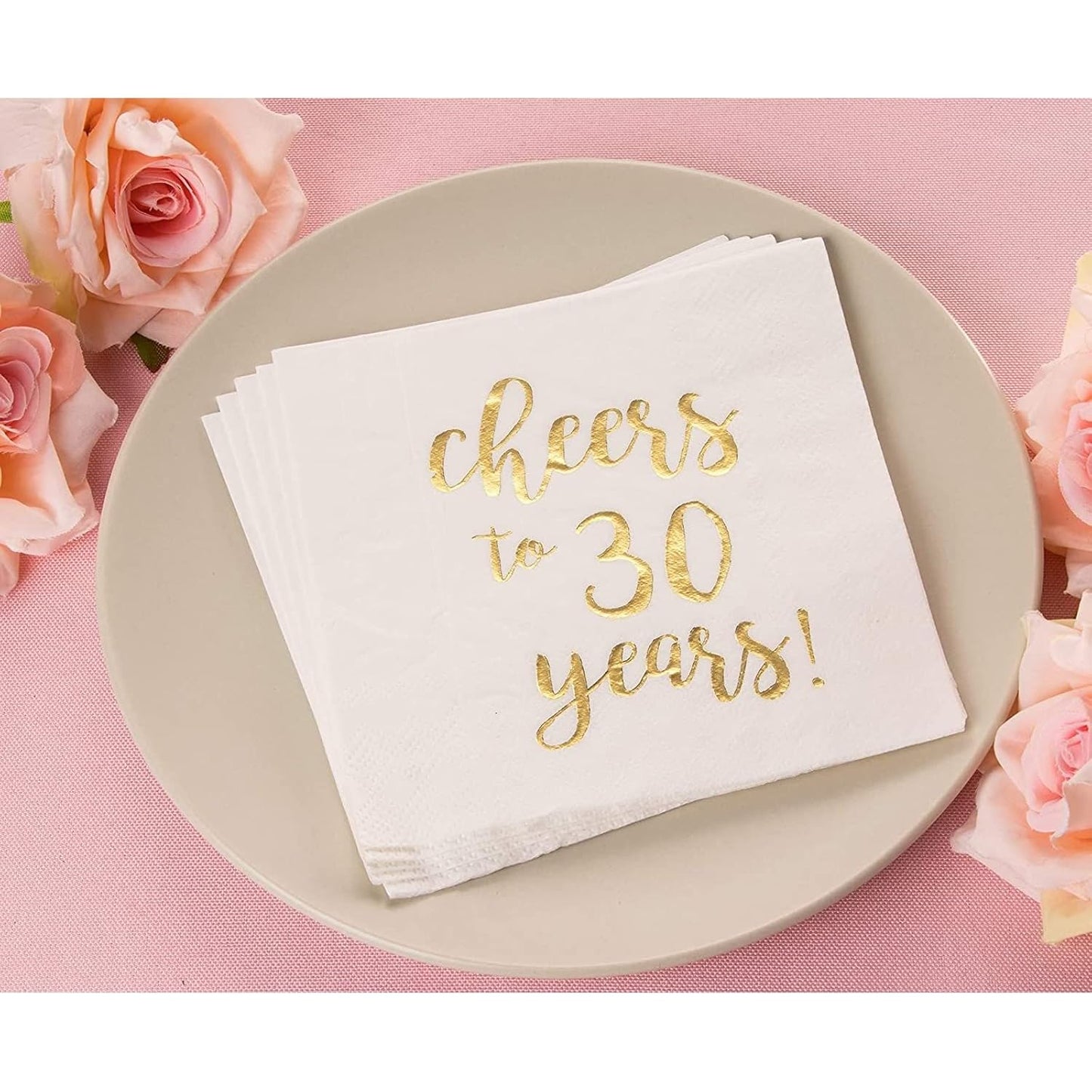 Juvale Cheers to 30 Years Cocktail Napkins, 5 x 5 In, 3-Ply White & Gold Foil, 50 Pack