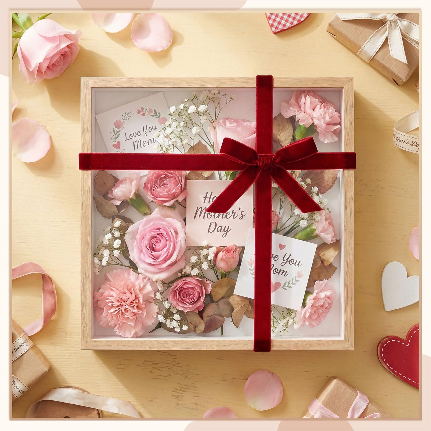 BrightRow 12"x12" Wedding Shadow Box Frame Flower Display Case Kit, DIY Wood Color Picture Gift Box with Lid Deep Glass Case Red Velvet Ribbon for Gift Wrapping Craft Bouquet Flower Keepsake Memory
