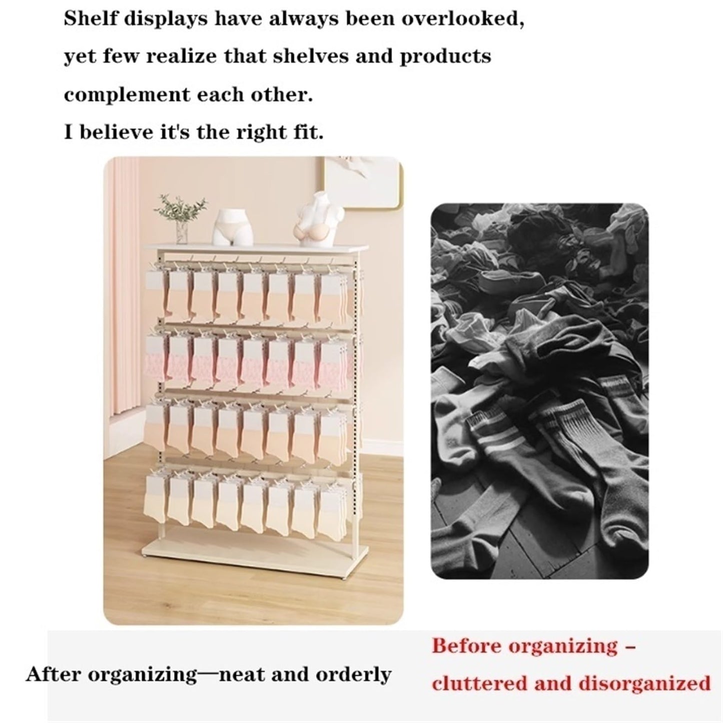 25.5 * 15.7 * 53in Sock Lingerie Bra Rack with Hook, Metal, Commercial Underwear Retail Display Stand, Freestanding Clothing Storage Shelf, for Farmers Markets, 4 Tier(Black)