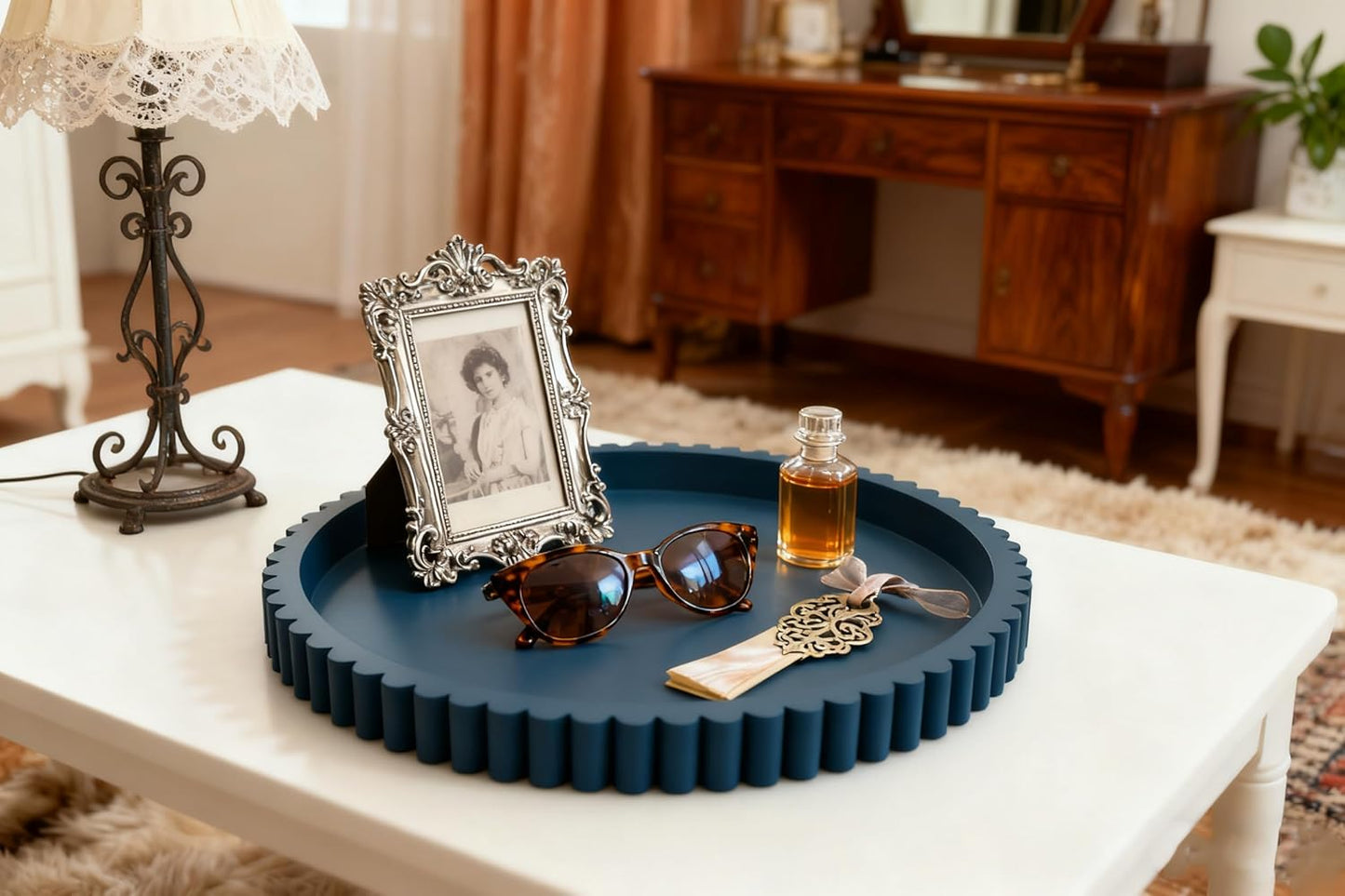 12in Handmade Decorative Tray for Coffee Table Tray Decor, Blue Wooden Decorative Round Tray for Kitchen, Living Room