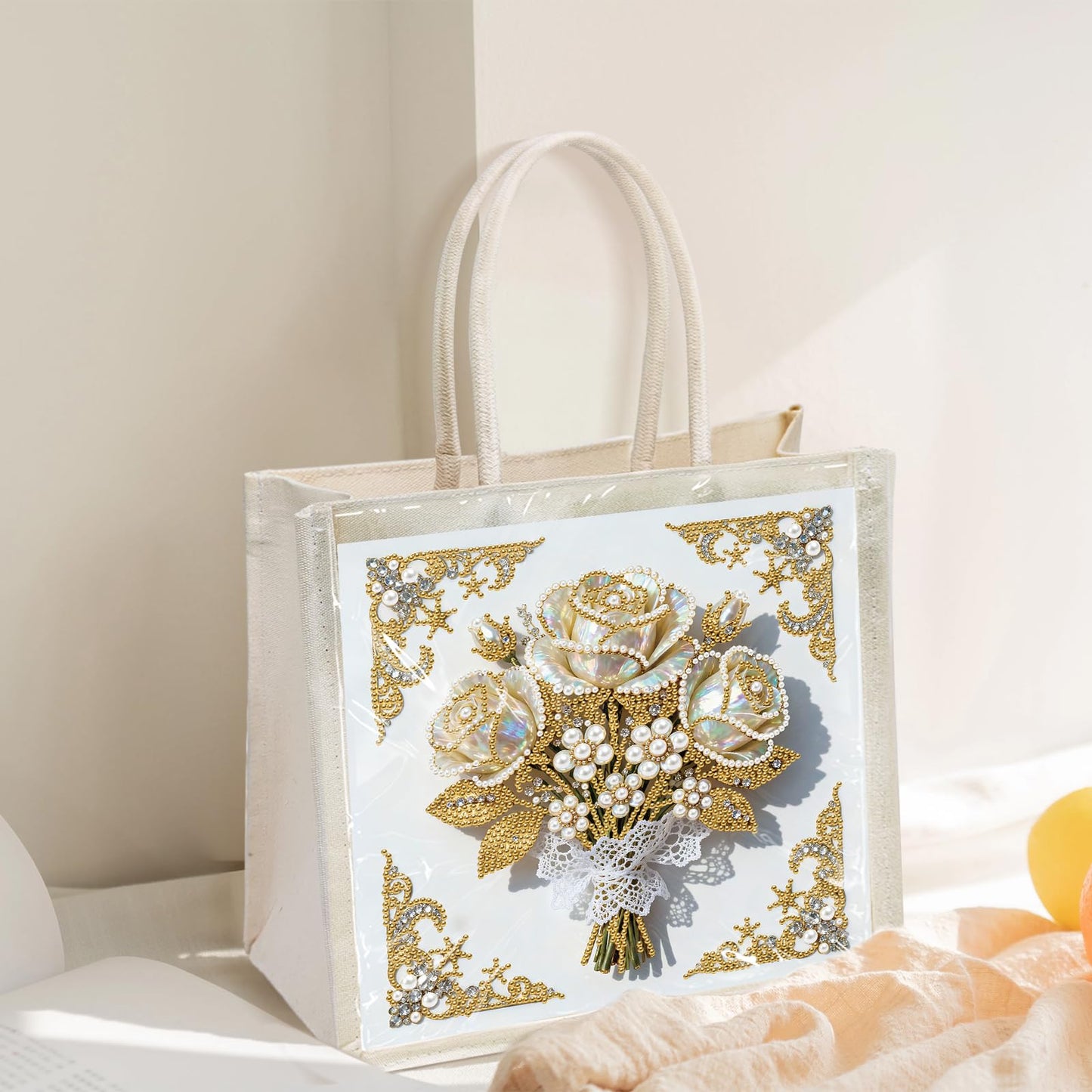 Xylzzuit DIY Pearl Painting Canvas Tote Bag Kit 11.42IN Diamond Art Handbag for Women Shopping Grocery Bag Dots Beads Art Craft Gift (Flower01)