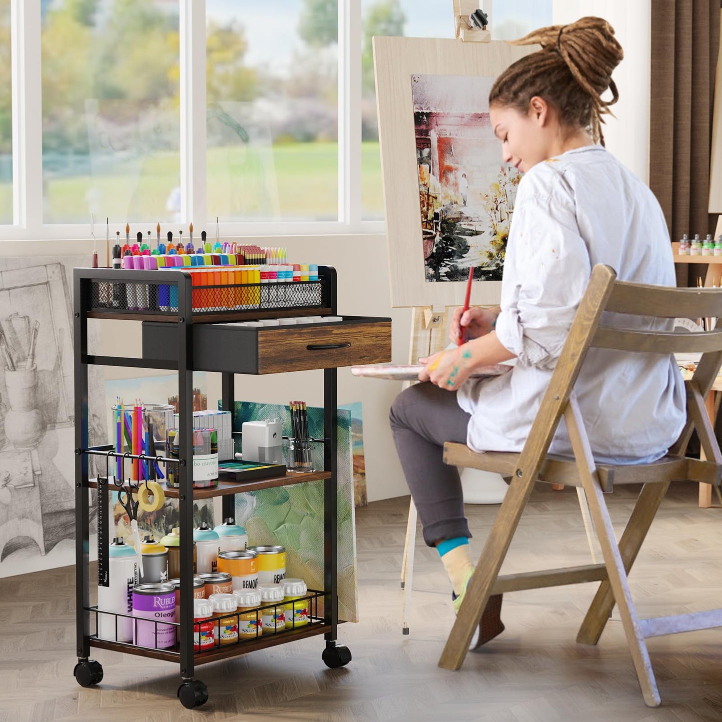 Homsorout 3 Tier Rolling Cart - Metal Utility Cart with Storage Drawer and Wheels, Versatile Art & Craft Organizer for Home, Office, or Studio Ideal for Storing Brushes, Paints, and Supplies Brown