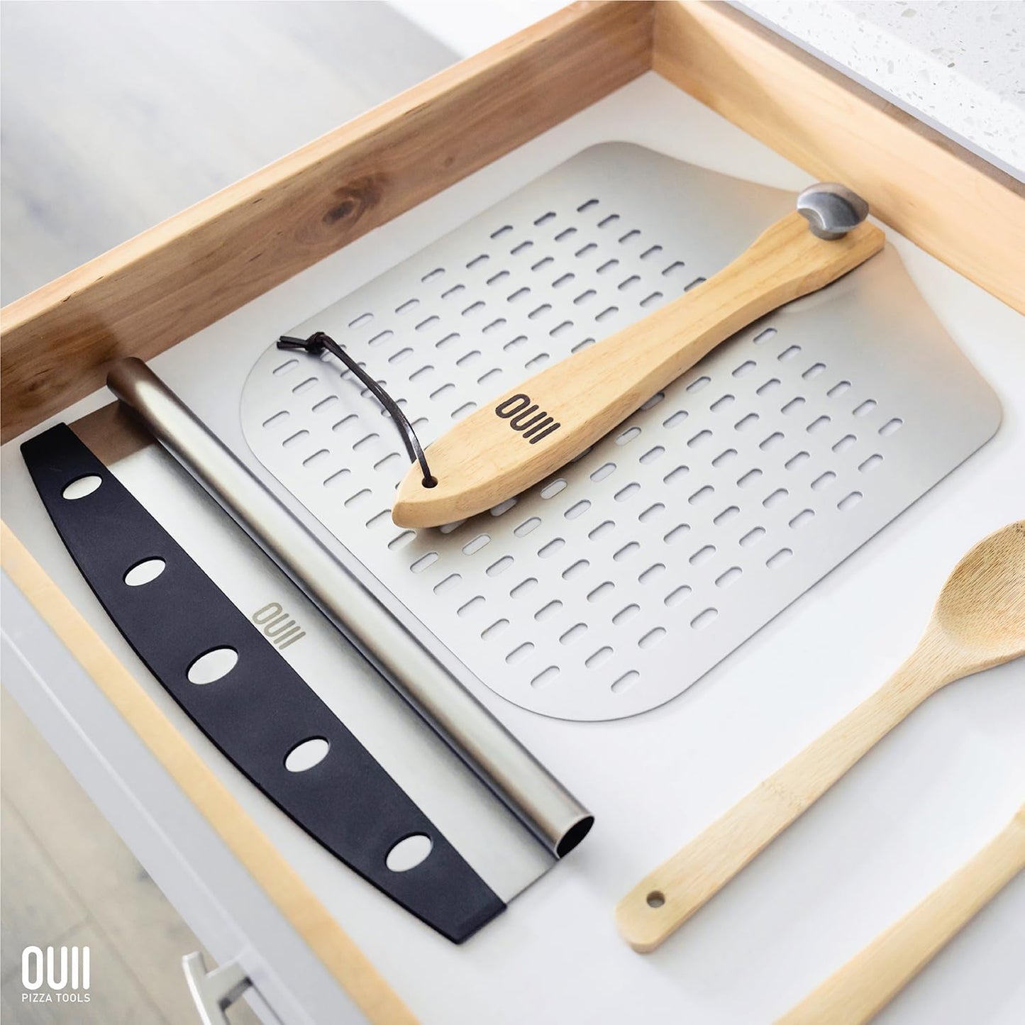 Perforated Pizza Peel 12 x 14 Inch, Paddle Spatula with Foldable Handle, Pizza Cutter Rocker 14'' Blade