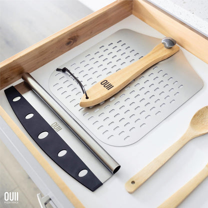 Perforated Pizza Peel 12 x 14 Inch, Paddle Spatula with Foldable Handle, Pizza Cutter Rocker 14'' Blade