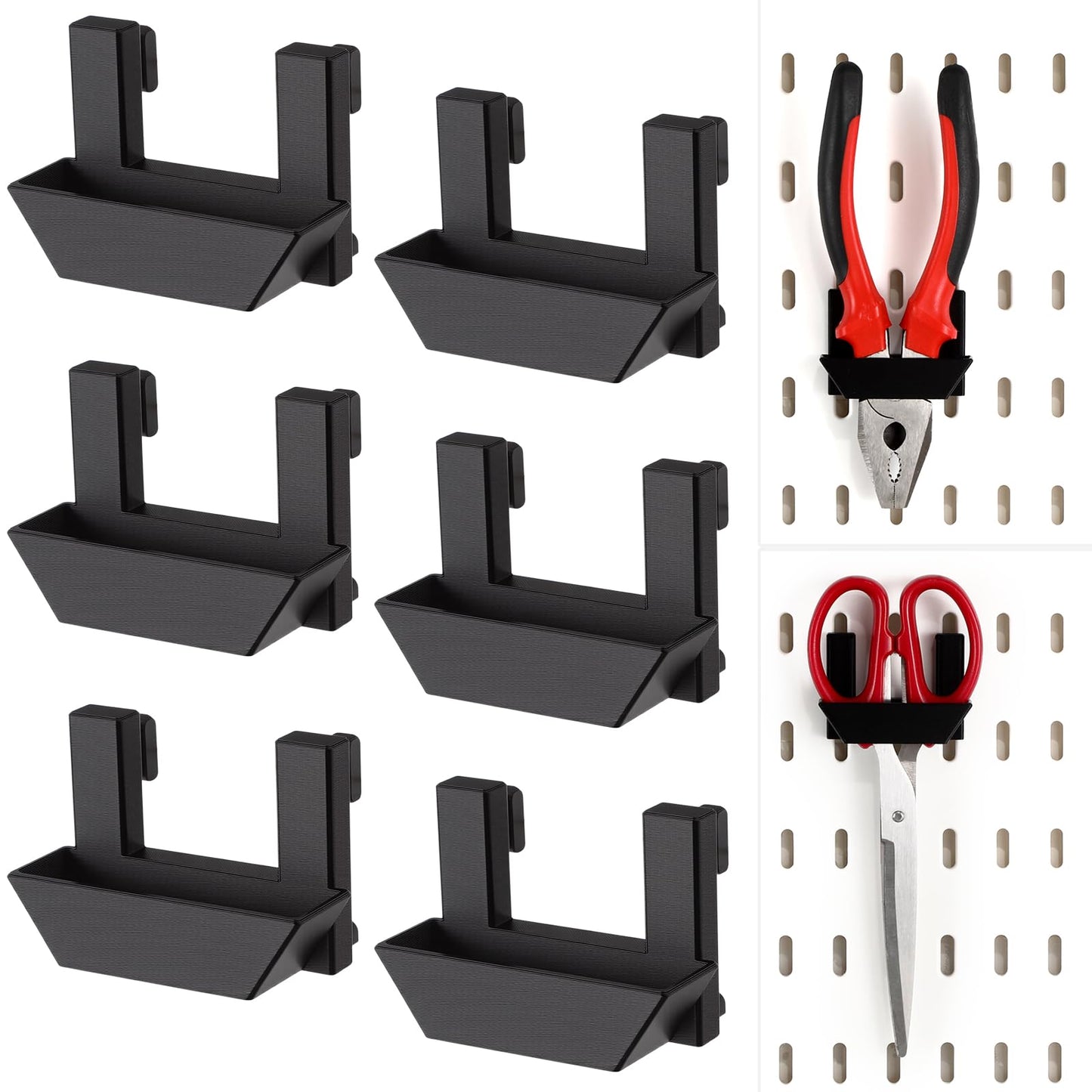 Novabright 6 Pack Vertical Slot Pegboard Tool Holders, Plastic Pegboard Organizer Hooks for Craft Room, Sewing Room, Office, Scissors, Rulers, Pens, and Supplies (Black)