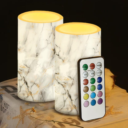 NETILGEN Flameless Candles LED Candles Electric Pillar Candles with Remote Timer Control Long Lasting for Indoor Outdoor Table Centerpiece Home Decoration Set of 2, White Grey Marble