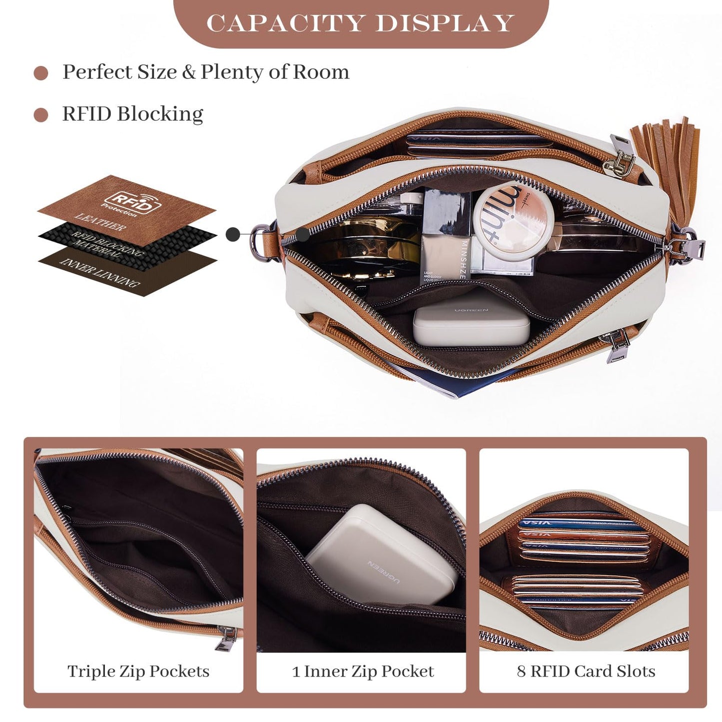 Roulens Triple Zip Small Crossbody Bag for women,Wide Strap Cell Phone Purse Shoulder Handbag Wallet with Credit Card Slots