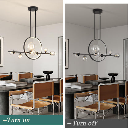 KELUOLY Modern 7 Light Dining Room Chandelier, 37.4" Black Dimmable Mid Century Linear Pendant Lights with Globe Glass Shade, Minimalist Island Light for Dining Room, Office, Kitchen