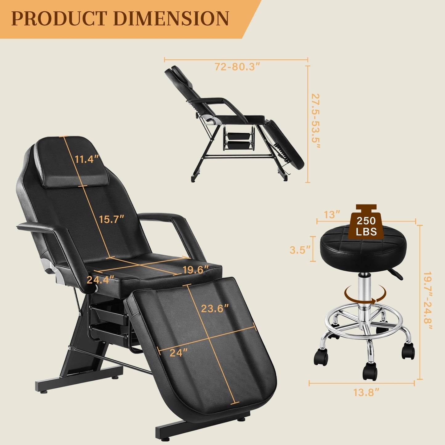 KIIUMI Tattoo Chair for Client, Esthetician Facial Bed with Hydraulic Stool, Lash Massage Table with 2-Tray, Multi-Purpose Black Lash Bed for Artist Spa Salon Beauty Equipment, Black