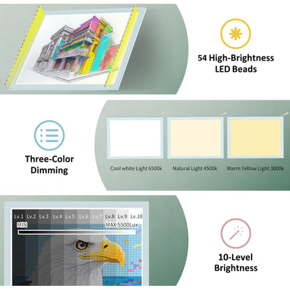 A3 Artist Tracing Light Box/Copy Board with 10-Level Dimming Switch, Art Craft Light Pad Suitable for Tattoo Drawing, Sketching, and Animation, 3 Color Light Modes Super Bright for Diamond Painting