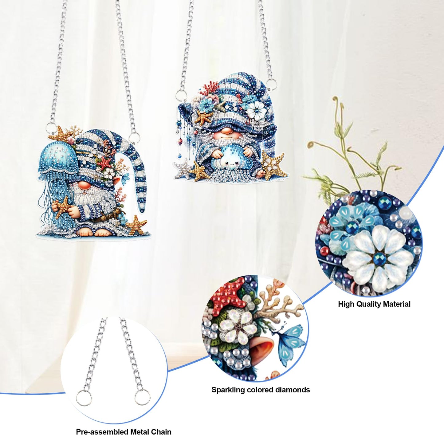 2 Pack Ocean-Themed DIY Diamond Painting Ornaments – Gnome & Jellyfish Design with Irregular Shaped Gems, 5D Acrylic Hanging Kit for Window & Wall Decor, Mosaic Craft Gift Set