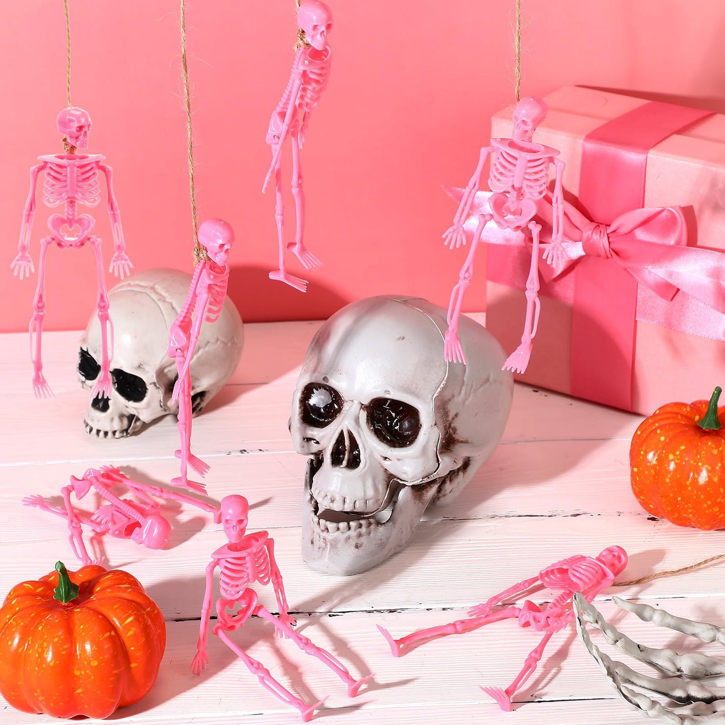 Jetec Halloween Mini Skeleton Pink Decor with Jute Rope 6 Inch Small Skeletons Plastic Skeleton Decorations for Craft Accessories Party Favors (12 Pcs)