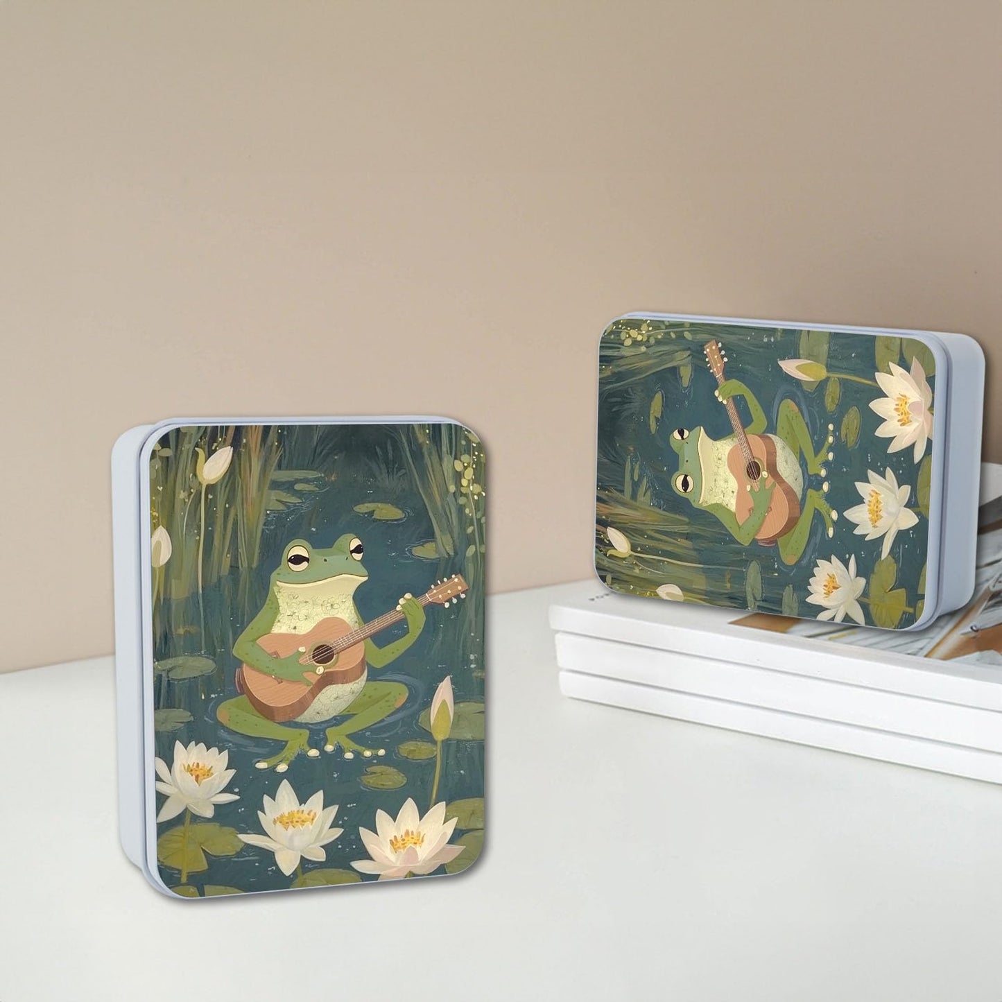 VACGBJPG Metal Tin Box with Lid,Multi-functional Storage Large Box Can Store Tea Biscuits Game Cards, Playing & Tarot Cards-Comes with 4 Magnetic Cord Clips,Frog Playing Guitar