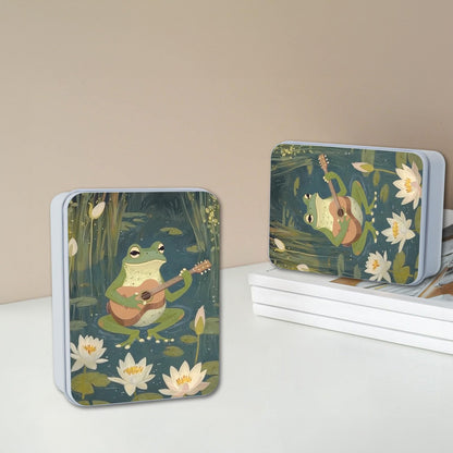 VACGBJPG Metal Tin Box with Lid,Multi-functional Storage Large Box Can Store Tea Biscuits Game Cards, Playing & Tarot Cards-Comes with 4 Magnetic Cord Clips,Frog Playing Guitar