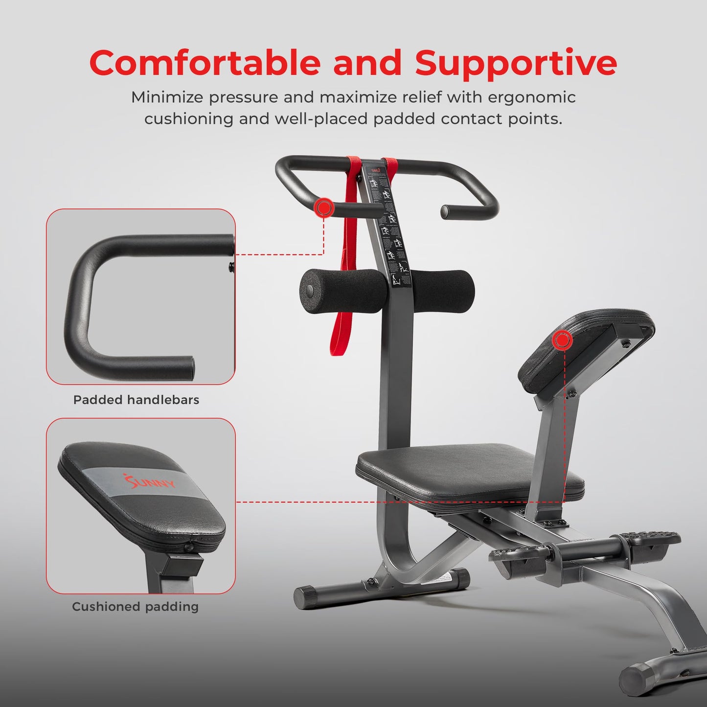 Sunny Health & Fitness Full Body Stretch Machine, Versatile Padded Trainer Back Stretcher, Stretching Equipment with Pivoting Seat, Self-Leveling Pedals, and Multi-Use Handlebar - SF-BH621002