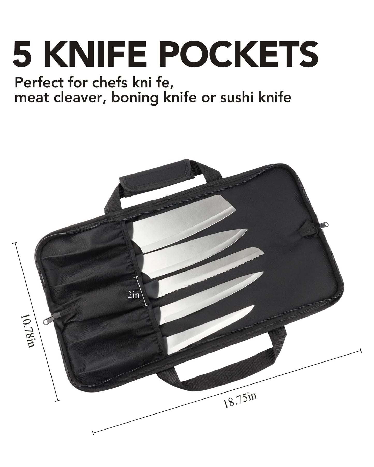 Wessleco Knife Roll, 5-Pocket Chef’s Knife Roll Bag, Knife Bag, Chef Knife Case Nylon Portable Chef Carrying Travel Bag Pouch, Blue(Knives not Included)