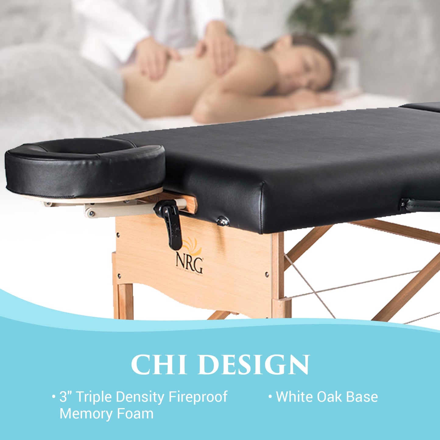 Chi Massage Portable Table Package by NRG - Lightweight, Folding Massage Therapy Table - Ultra Comfortable - Made of Durable White Oak - Premium Headrest with Cushion, Carry Case - Color Black