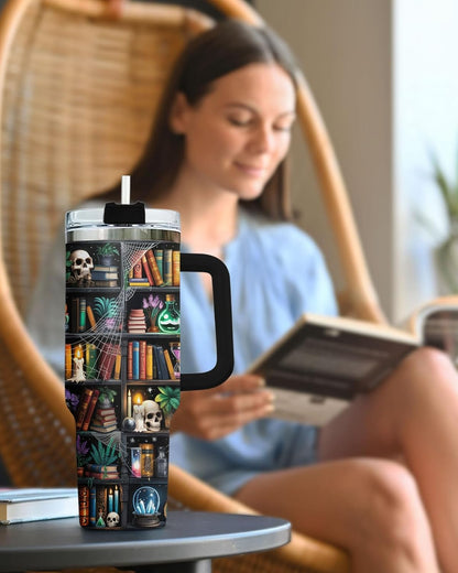 40oz Reading Bookshelf Tumbler With Handle And Straw, Insulated Stainless Steel Travel Cup, Bookish Water Bottle