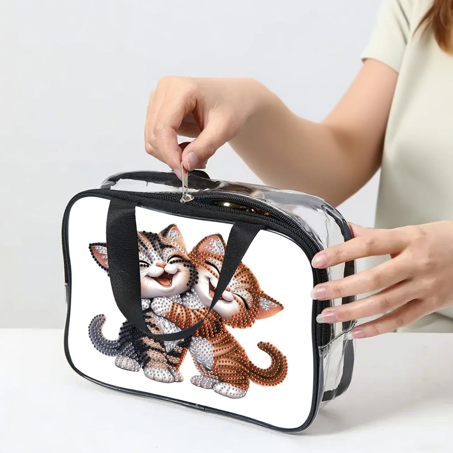 DIY diamond painting makeup bag kit, cheerful cat pattern sequined makeup storage bag with zipper, portable travel toiletries bag, as a handmade creative gift