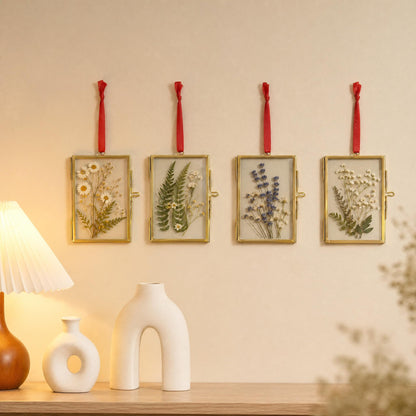 Pressed Flower Frames with Tweezers,Wall Hanging Double Glass Frames 2x3 with Red Ribbon for Dried Flowers Plants,Floating Photo Frame for Display Gallery Artwork, Horizontal Vertical,Golden, 4 Pack