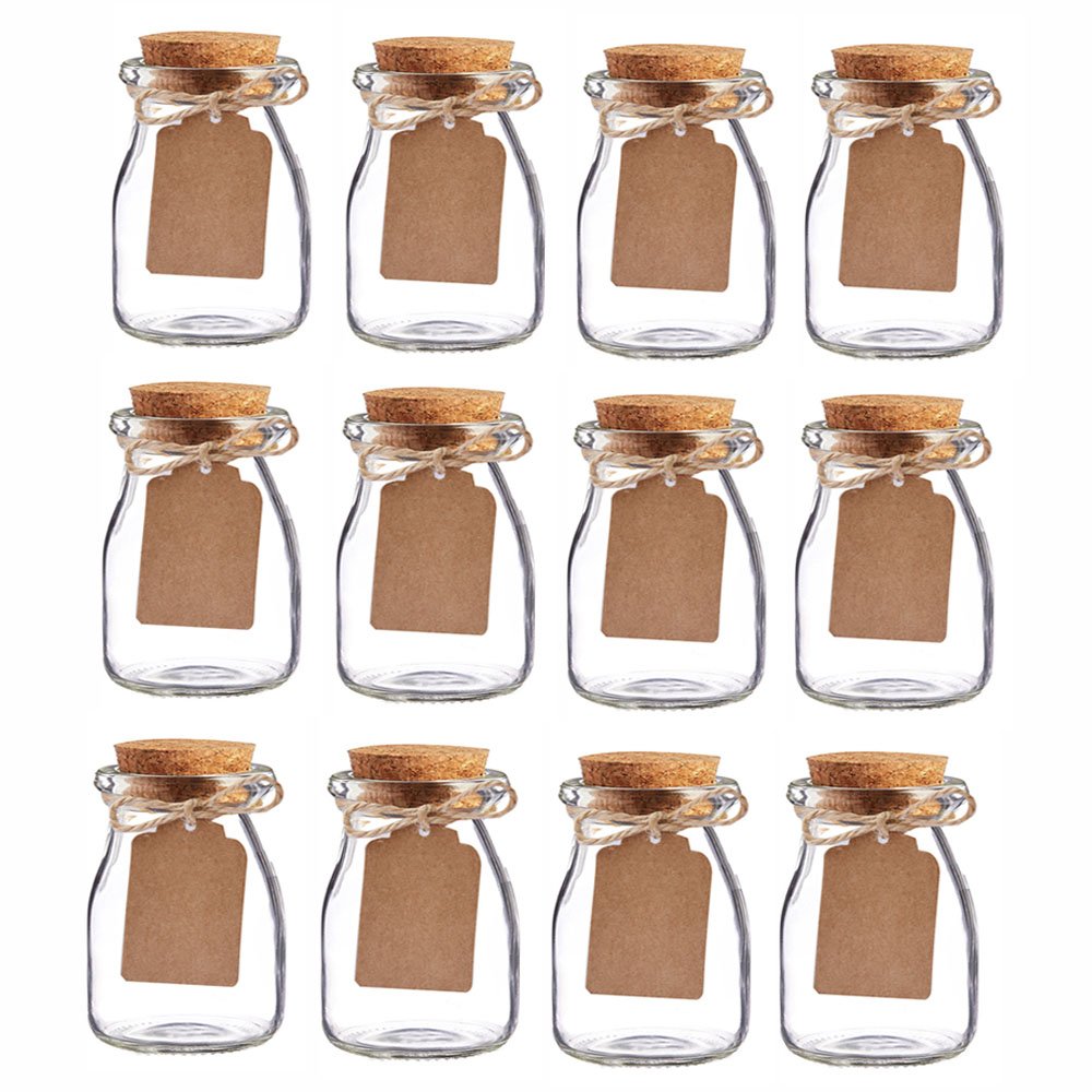 Bodosac 32 Pack Glass Favor Jars with Cork Lid, 3.4 oz Small Glass Bottles for Wedding Favor, Party Favor, Gift Jars for Candy, Twine and Labels 100 ML