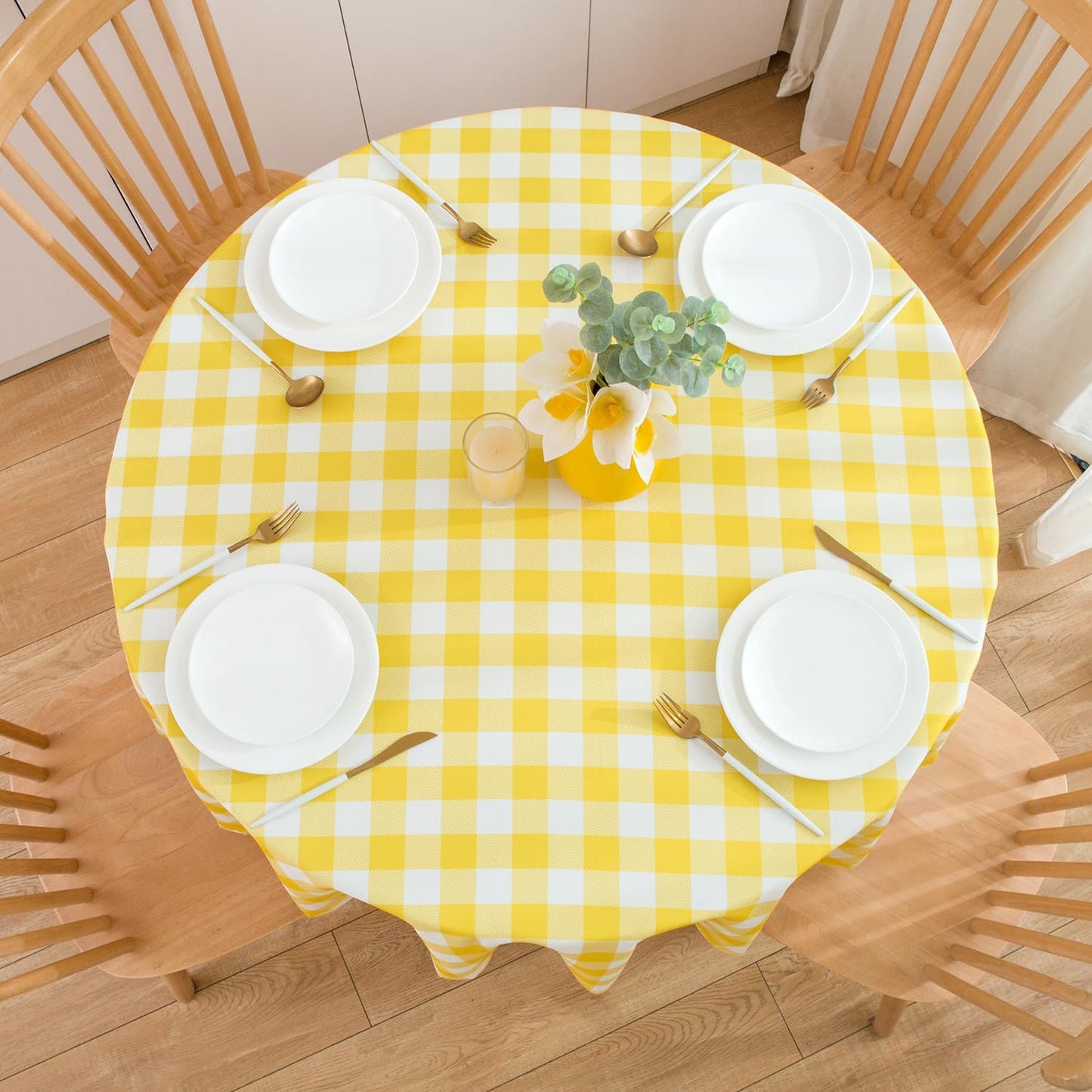 MANGATA CASA Yellow Gingham Round Tablecloth, Waterproof Checkered Table Cloth, Polyester Buffalo Plaid 60R inch