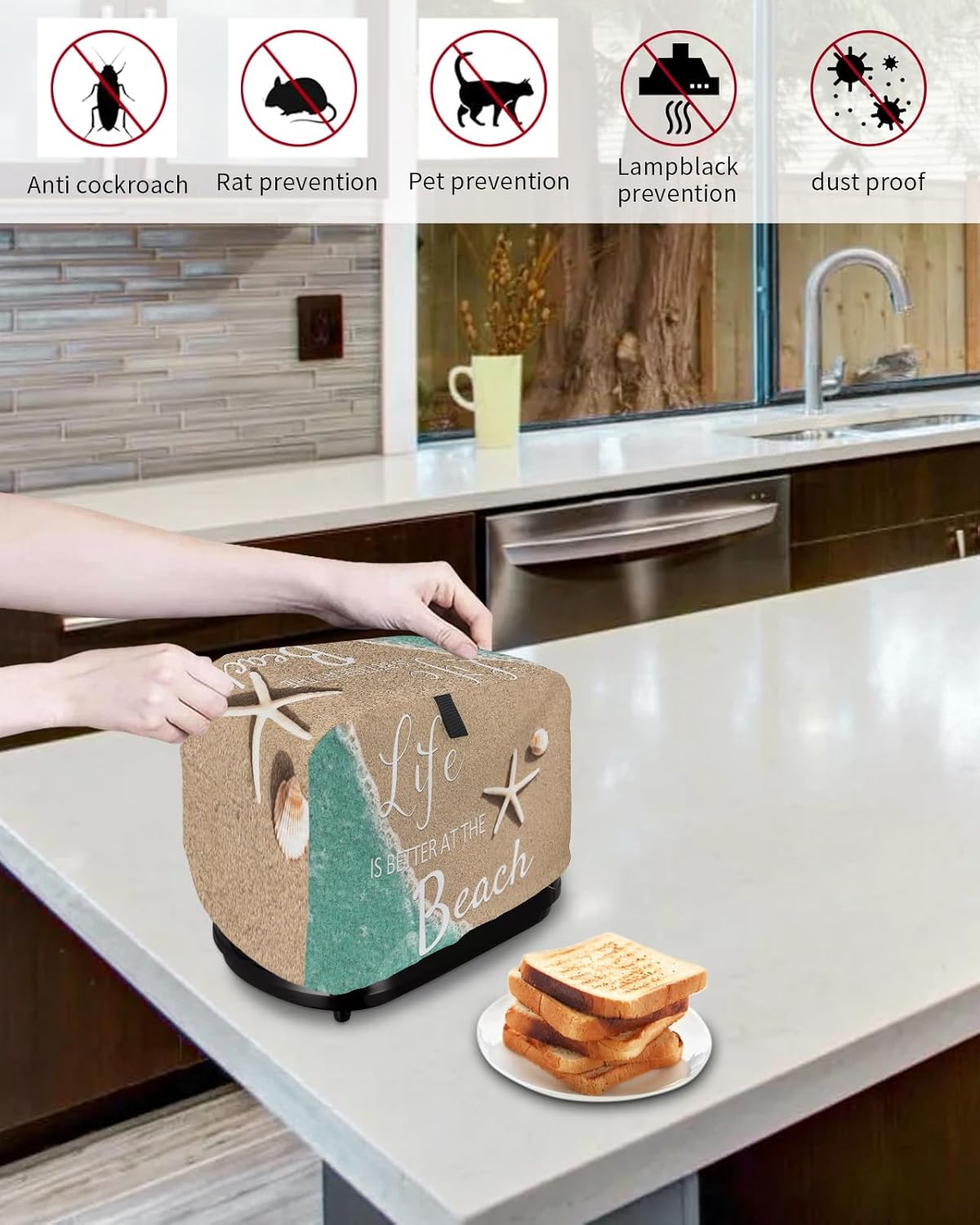 Life is Better at The Beach Toaster Cover 4 Slice, Ocean Nautical Coastal Starfish Toaster Oven Cover