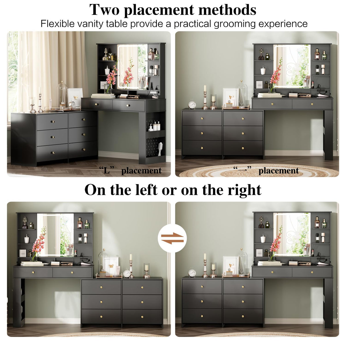 Ieejdn Makeup Vanity Desk with Mirror and Lights, Vanity Desk with 8 Drawers & Storage Shelves, Vanity Table with Power Outlet, 3 Color Modes & Adjustable Brightness Dressing Table, Bedroom,Black