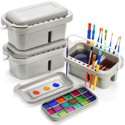 WUWEOT 3 Pack Multi-Use Paint Brush Basin Paint Brush Tub, Plastic Paint Brush Washer, Cleaner and Holder, 18 Palette Wells, Lid for Indoor Outdoor Watercolor Oil Acrylic Gouache Painting