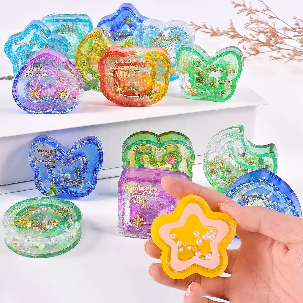 FineInno 8 PCS Resin Shaker Molds,Double Layer Silicone Mold for Epoxy Resin Casting,Heart,Star,Butterfly Quicksand Mold with 80 PCS Sealing Sheet