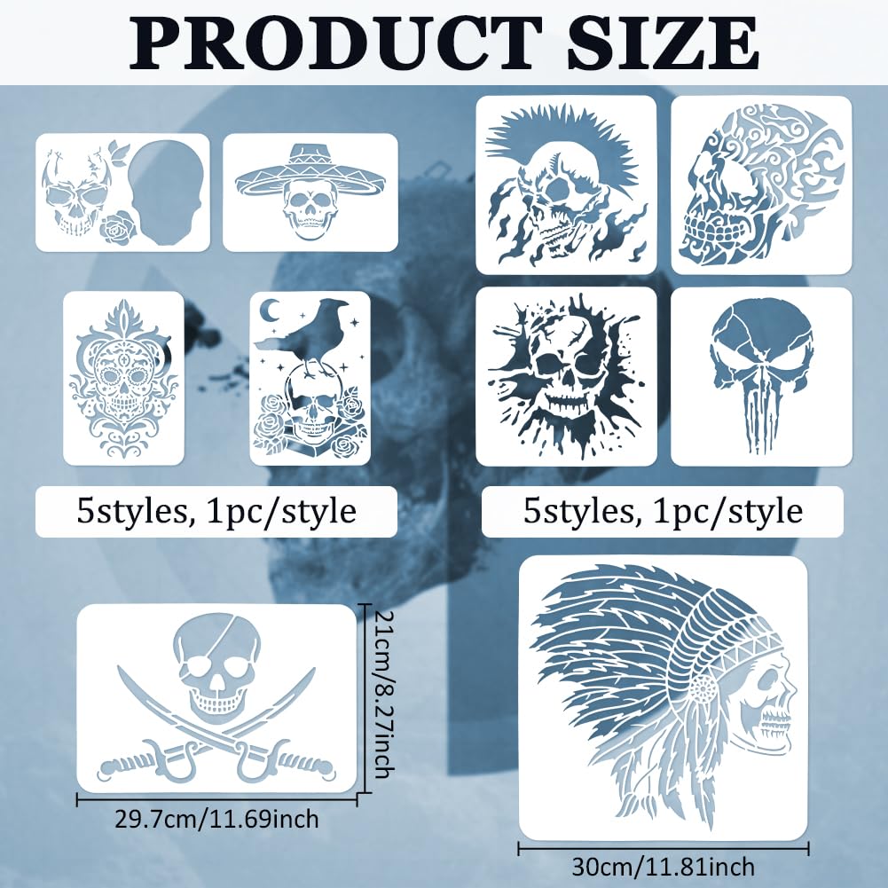 FINGERINSPIRE 10 Pcs Skull Spraying Stencils 8.3x11.7 11.8x11.8 Skeleton Crows Vampire Painting Large Stencil Reusable Horror Theme Big Templates for Porch Sign Door Hanger Holiday Decor