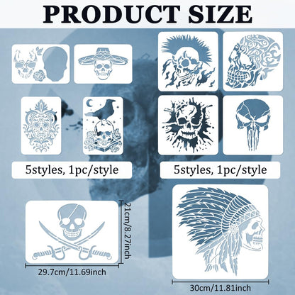 FINGERINSPIRE 10 Pcs Skull Spraying Stencils 8.3x11.7 11.8x11.8 Skeleton Crows Vampire Painting Large Stencil Reusable Horror Theme Big Templates for Porch Sign Door Hanger Holiday Decor